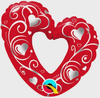 14" SHAPE FOIL HEARTS & FILIGREE RED